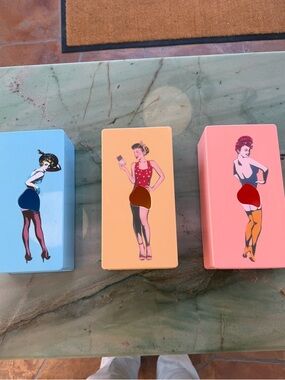 Set of 3 Retro Pin-Up Decorative Tin Boxes - Blue, Yellow, Pink